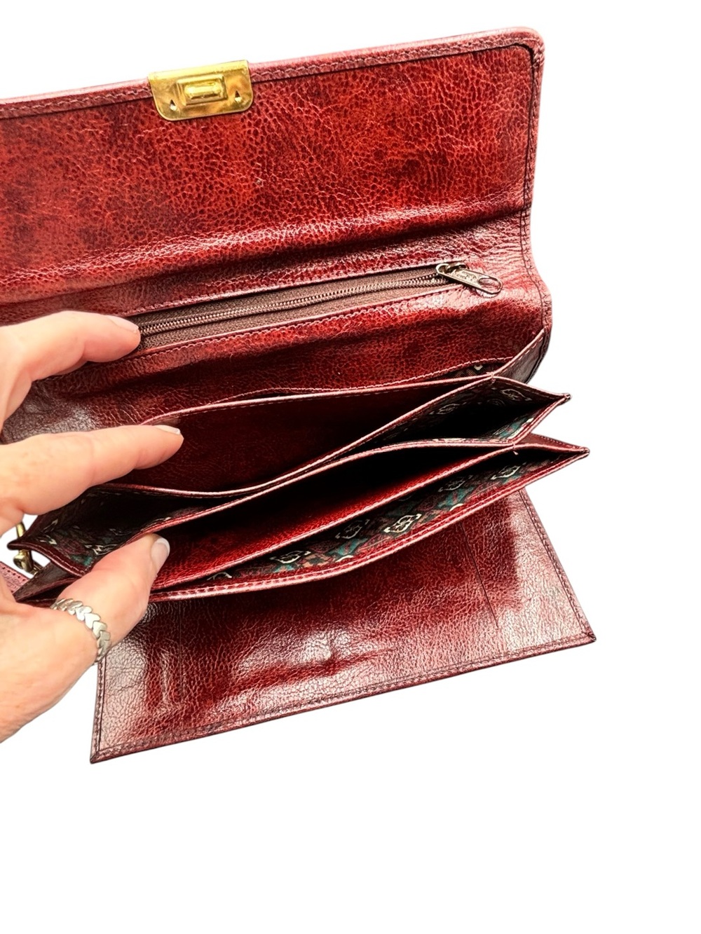 Vintage Marruecos Colombian Leather Long Clutch Wallet Organizer Cognac Burgandy - Picture 10 of 10